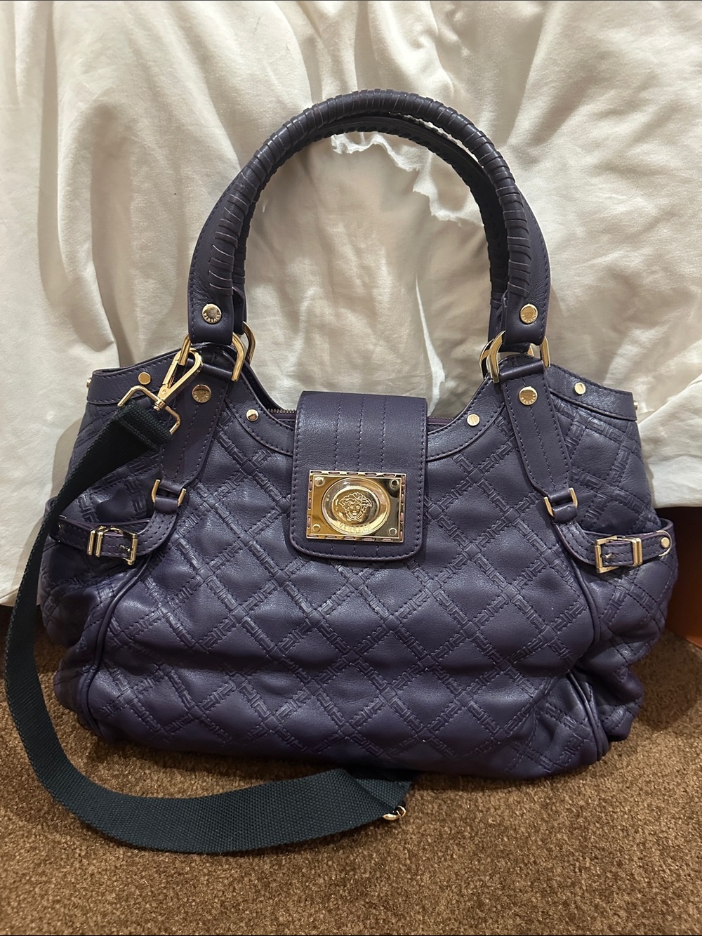 Versace Quilted Purple leather shoulder Bag with Gold Hardware